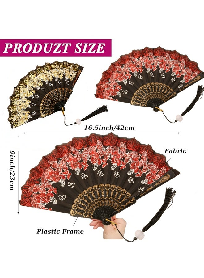 هابي دي مجموعة مروحتين إسبانيتين، مراوح يدوية قابلة للطي، مناسبة لأزياء رقص العشرينيات، هدايا فلامنكو إسبانية، دعائم تصوير، حفلات، زخارف (أحمر، ذهبي) - Image 3